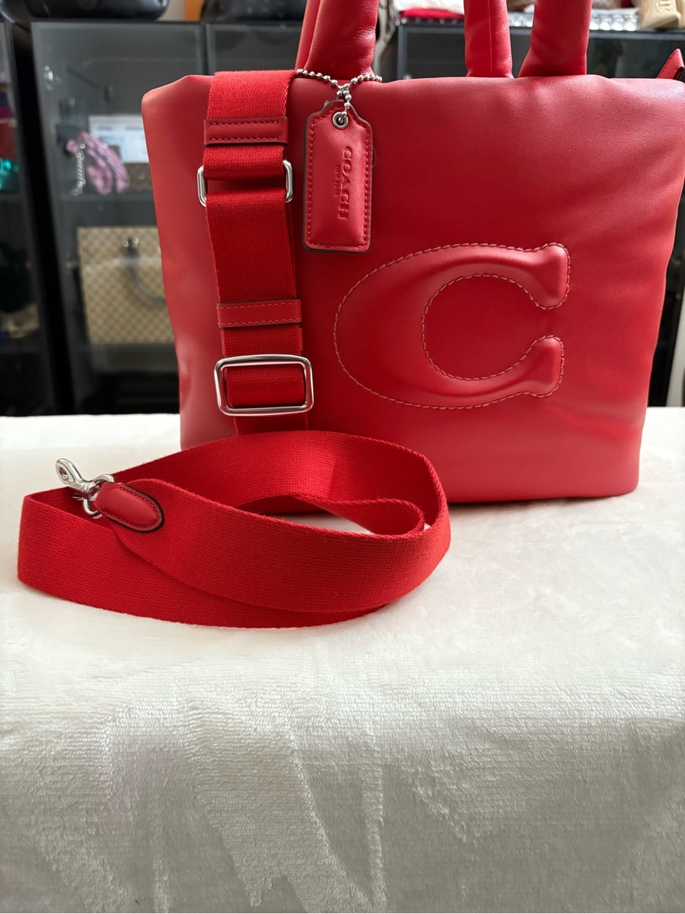 Coach Red Poppy Pillow Tote/Crossbody Bag in a beautiful bright poppy red.